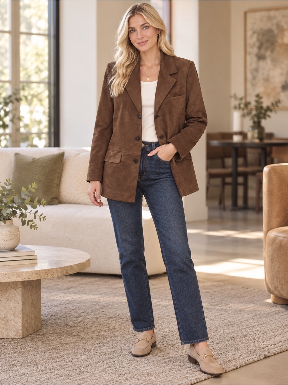 COMMENCE NWT  Brown Faux Suede Longline Blazer coat PTP IS 21 inches fits oversi